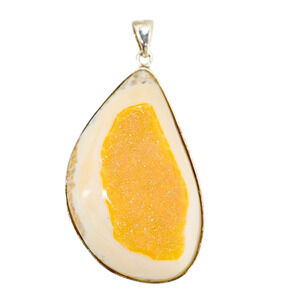 Yellow Druzy Agate Organic Freeform Modernist Pendant in Sterling Silver